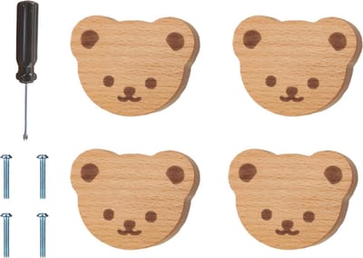 Set van 4 Deurknoppen met Beren en Gezichtsuitdrukkingen - Houten Handgrepen voor Keuken, Slaapkamer en Kasten