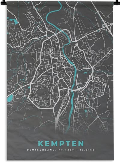 Wandkleed - Wanddoek - Kempten – Stadskaart – Blauw – Plattegrond – Stadskaart – Kaart - Duitsland - 120x180 cm - Wandtapijt