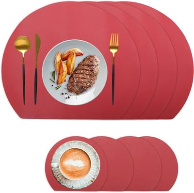 Set van 4 Wasbare Placemat en Onderzetters, Dubbelzijdig Antislip, Waterdicht en Duurzaam, 38 x 33 cm, Rood en Geel voor Tafeldecoratie