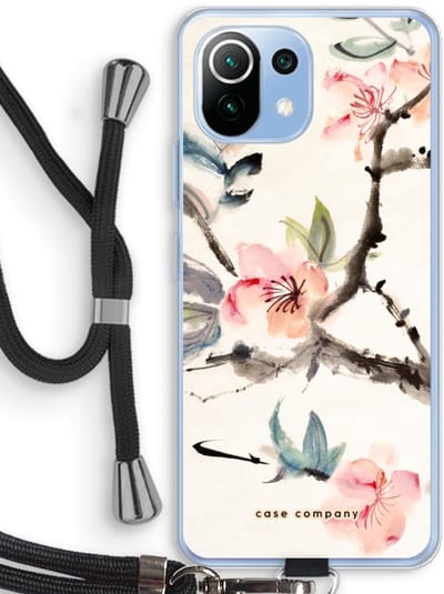 Case Company® - Hoesje met koord geschikt voor Xiaomi Mi 11 Lite hoesje met Koord - Japanse bloemen - Telefoonhoesje met Zwart Koord - Bescherming aan alle Kanten en Over de Schermrand