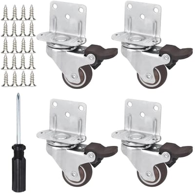 Set van 4 Zwenkwielen van 25 mm met Rem, L-Montageplaat voor Meubels tot 45 kg, Stil TPE Rubber voor Koffietafels en Plantenstands - Inclusief Schroevendraaier en Schroeven