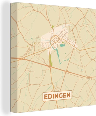 Canvas Schilderij Vintage - Plattegrond - Stadskaart - Edingen - Kaart - 20x20 cm - Wanddecoratie