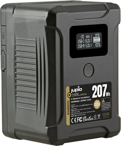 Jupio ProLine Extreme 207 V-Mount battery 14000mAh (207Wh) - LCD Display, USB-C PD 65W in/output, D-Tap in/output and USB-A output.