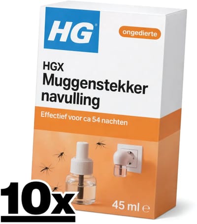 10 x HG X - Muggenstekker Navulling - Continue Bestrijding - 54 Nachten - 45 ml - Voordeelverpakking - 10 stuks