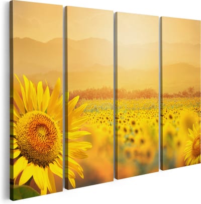 Artaza Canvas Schilderij Vierluik Zonnebloemen Veld Met Zonopkomst - 160x120 - Groot - Foto Op Canvas - Canvas Print