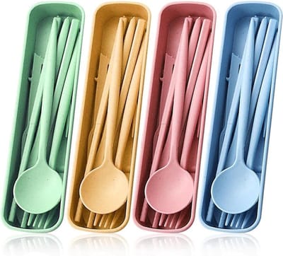 4-delige bestekset met pouch | Herbruikbaar reiskutlery | Lichtgewicht, waterdicht, trendy kleuren, ideaal voor dagelijks gebruik, picknicks, wandelingen en kamperen