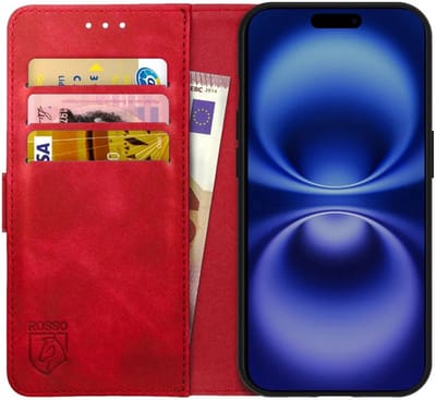 Rosso Element Geschikt voor Apple iPhone 16 Pro Max | Wallet Book Case | Portemonnee Hoesje | 3 Pasjes | Magneetsluiting | Stand Functie | Rood