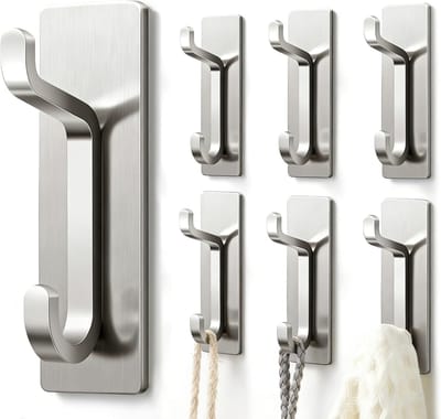 Boorvrije handdoekhaak: 6 kg extra sterke zelfklevende haken, zelfklevende wandhaken voor de badkamer, handdoekhaken en kapstokhaken, set van 6, zilver