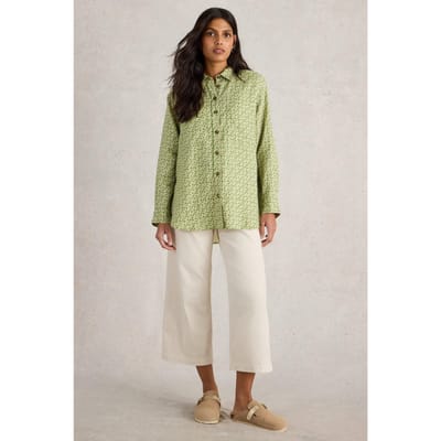 White Stuff Lydia Linen Shirt Green Print Größe: 10 | Longsleeves Outlet | Damen | Weiß