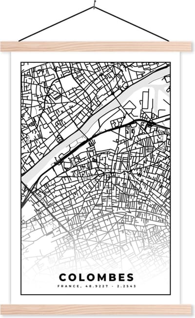 Posterhanger incl. Poster 40x60 cm - Schoolplaat - Stadskaart - Colombes - Plattegrond - Kaart - Frankrijk - Zwart wit - Textielposter - Blanke latten - Stadskaart