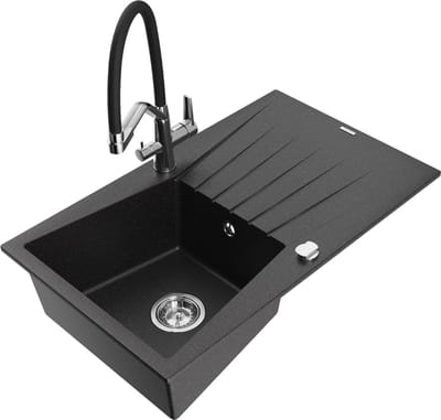 Mexen Cesar granieten gootsteen met 1 bak, afdruiprek en keukenkraan Duo, zwart/zilver metallic - 6514-73-671701-07