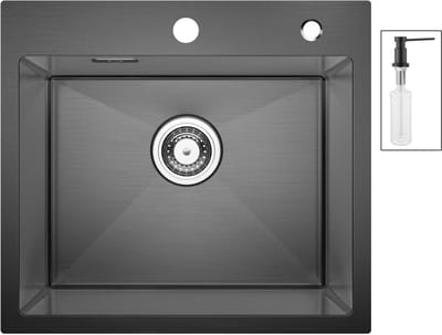 CECIPA max Spoelbak 50x45CM - Spoelbak Keuken Met Zeepdispenser - Spoelbakken met Sifon en Afvoerzeefje - Wasbak Keuken Met Kraangat - Antraciet