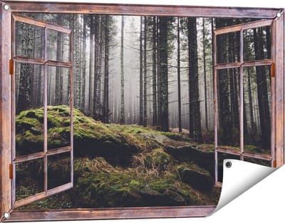 Gards Tuinposter Doorkijk Bos met Mos op Rotsen - 90x60 cm - Tuindoek - Tuindecoratie - Wanddecoratie buiten - Tuinschilderij