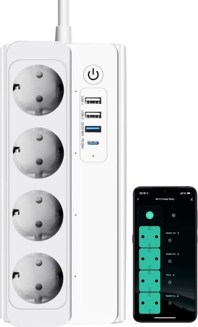 Thuys – WiFi Slimme Stekkerdoos – Met Overspanningsbeveiliging – 20W USB – C – 220V/16A – 3500W – Individuele Schakelaars
