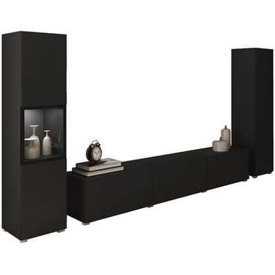 Moderne woonwand hangend en staand set 3-delig met tv-meubel 180 cm vitrinekast en kolom zwart mat