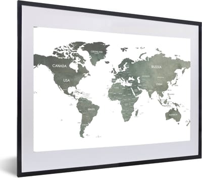 Poster in lijst - Fotolijst 60x40 cm - Posters - Wereldkaart - Waterverf - Grijs - Posterlijst zwart - Decoratie - Wanddecoratie woonkamer - Muurdecoratie slaapkamer