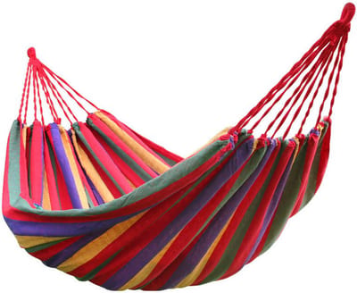 Hangmat - Stevige Canvas Dubbele Hangmat -Rood - Geel - Blauw - Groen - Gestreept - In Opbergtas + Bevestigingstouwen - Weerbestendig - Hammock - Outdoor - Camping - Zomer -