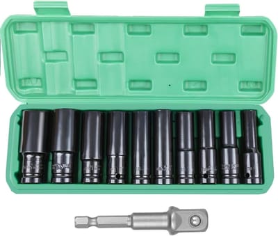 Diepe Steeksleutelset van 10 Stuks met 1/2 Inch Hexaansluiting - Lange Impact Sleutels 10-24 mm met Blokadapter voor Professioneel Gebruik