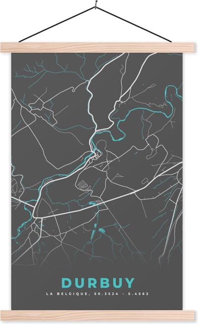 Posterhanger incl. Poster 40x60 cm - Schoolplaat - Kaart – Plattegrond – Stadskaart – Durbuy – België - Grijs - Textielposter - Blanke latten - Stadskaart