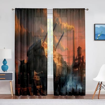 Militaire Oorlog Gepantserde Tank Tule Voile Gordijnen voor Kinderen Mannen Slaapkamer Raamgordijn Woonkamer Transparante Gordijnen Organza Draperieën 1 PCS W100XH250cm&Grommet Top