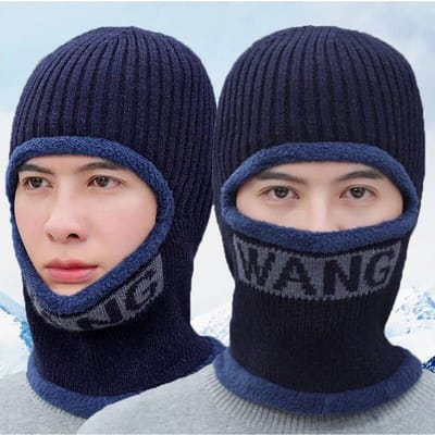 Winter Effen Kleur Warme Letter Gebreide Muts Sjaal Volwassen Pluche Dikker Outdoor Winddicht Caps Damesmode Hoed marineblauwe kleur