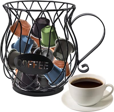 Famanu - Zwarte metalen Nordic style koffiecapsule houder met 40-capsule capaciteit, stijlvolle opbergmand voor keuken of kantoor