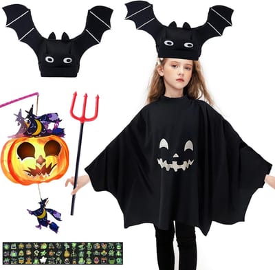 Spookachtig Halloween Kostuum voor Kinderen met Bat Hoed, Trident, Luminous Pompoenverlichting en Tatoeage Stickers voor Feest en Carnaval
