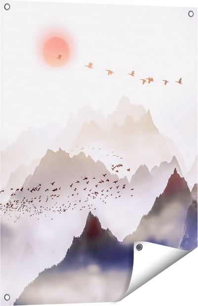 Gards Tuinposter Bergenlandschap met een Boom - Abstract - 60x80 cm - Tuindoek - Tuindecoratie - Wanddecoratie buiten - Tuinschilderij