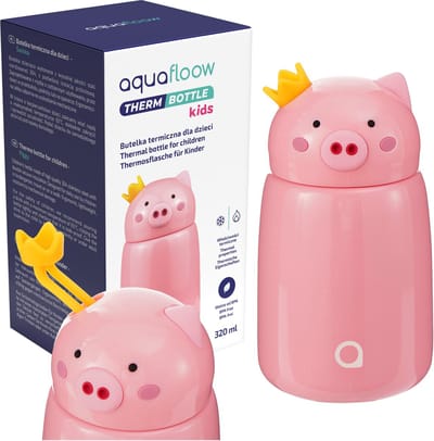 AquaFloow thermosbeker voor kinder 320ml - drinkfles - waterfles met dubbelwandige - roestvrij staal - dop met siliconen afdichting - BPA-vrij - varkensmodel, roz