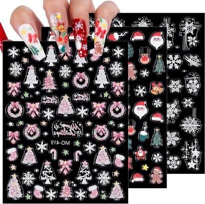 Kerst Nagelstickers - Nagelkunst Decals - Feestelijke Manicure - 5D Reliëf Designs - 3 Vellen - Meerkleurig