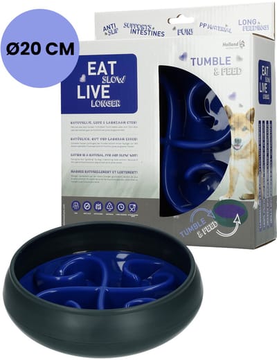 Eat Slow Live Longer Tumble Feeder – ø 20 cm - Voerbak – Anti-schrok bak voor honden – Slow feeder met beweging – De Trager eten voor je huisdier - Blauw