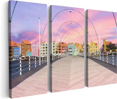 Artaza Canvas Schilderij Drieluik Willemstad Gekleurde Huisjes in Curaçao - 180x120 cm - Groot - Wanddecoratie Woonkamer - Schilderijen - Muurdecoratie