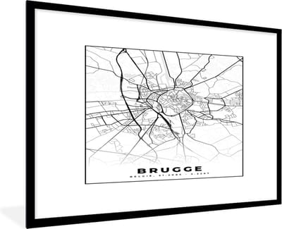 Fotolijst incl. Poster Zwart Wit- Plattegrond – Brugge – Zwart Wit – Stadskaart - Kaart - België - 120x80 cm - Posterlijst