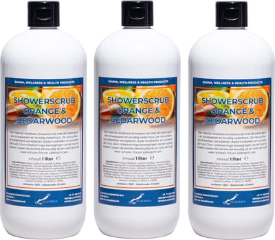 Showerscrub Sweet Orange & Cedarwood 1 liter - set van 3 stuks - verfrissende scrubgel - exfoliërende bodyscrub