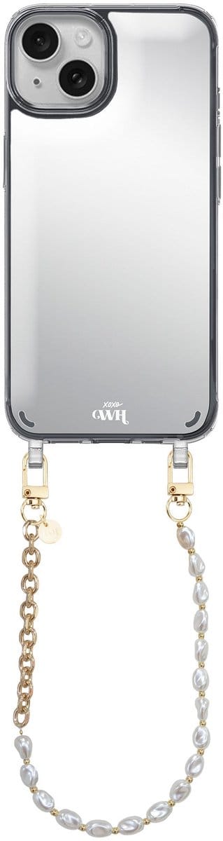 xoxo Wildhearts hoesje met spiegel geschikt voor iPhone 15 Plus case - Over The Moon Mirror Case - Kort koord - Siliconen telefoonhoesje met spiegel - Schokbestendig - Parelketting met gouden schakels
