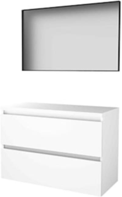 Basic-Line Framed 46 Badkamermeubelset - 100 x 46 cm - Greeploos - 2 Lades - Wastafelblad - Spiegel met Zwart Aluminium Frame - Ice White