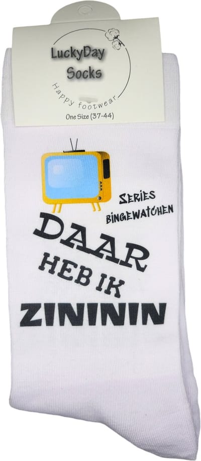 Zininin - Tv Kijken Sokken - Series bingewatchen - Series kijken - Series op Netflix kijken - vrolijke sokken - Valentijns cadeau - Witte sokken met tekst - grappige sokken - leuke dames en heren sokken - moederdag - vaderdag