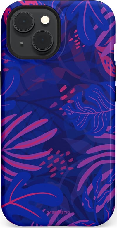 Casetastic hoesje geschikt voor Apple iPhone 15 - MagSafe - Dubbellaagse bescherming - Neon jungle blad - Fashion Case - Donkerblauw Lavendel Roze