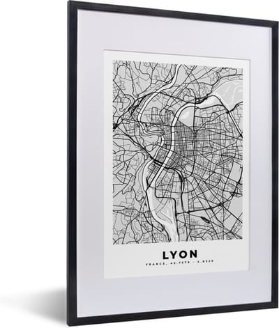 Fotolijst incl. Poster - Plattegrond - Lyon - Stadskaart - Kaart - Frankrijk - 30x40 cm - Posterlijst