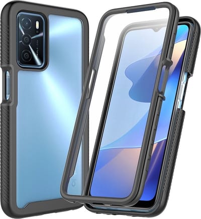 Oppo A16 / A16s / A54s Hoesje | Met ingebouwde screenprotector | Full Protect valbescherming | Doorzichtig / Zwart