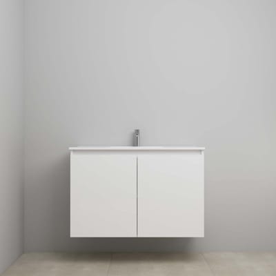 On-Line Onderkast - 100 cm - Bouwpakket - Greeploos 2 Deuren - Porseleinen Wastafel - 1 Kraangat - Hoogglans Wit