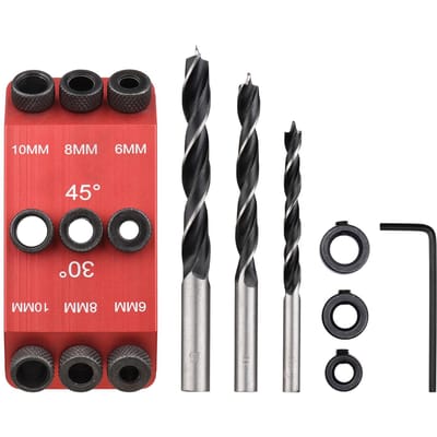 3 stuks Boorbit 6mm 8mm 10mm Boor + 30 45 90 Graden Geleide Jig Boorgeleider Pocket Hole Jig Houtbewerkingsgeleiders Multi-Hoek Positioneerder voor Houtbewerking Drill Bits & Guide Jig