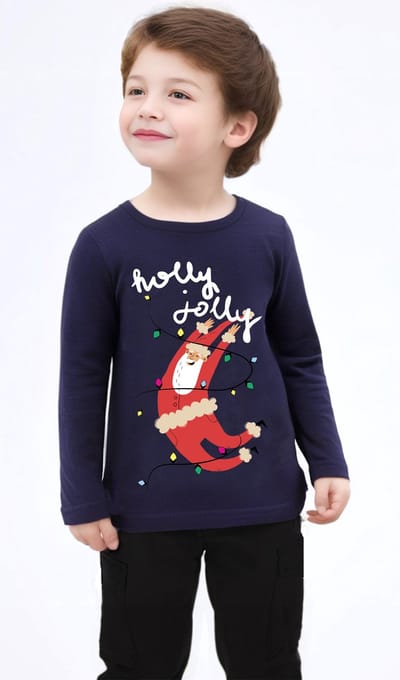 Starry Indigo - KerstKleding / Christmas T-Shirt - Kerst cadeau - Kerstman - Unisex - Holly Jolly | Blauw | Kind 3-4 jaar | Maat 104