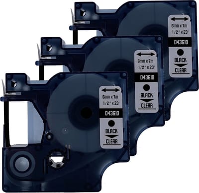 DULA Dymo D1 43610 - S0720770 - Compatible label tape - 3 lettertapes - Zwart op transparant - 6mm x 7m