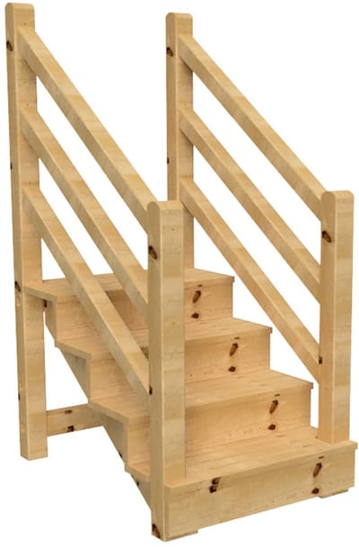 Vrijstaande buitentrap met trapleuning hout beide zijden - palen ronde kop - H 4-treden 71cm B 120cm