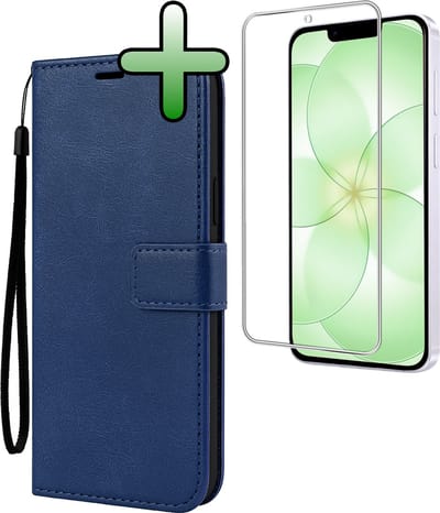 Hoesje Met Screenprotector - Geschikt voor Apple iPhone 17e - Luxe Pasjeshouder - Bookcase Portemonee - Flip Case - Kunstleer Book Case - Flipcase - Book Cover - Walletcase - Portemonneehoes - Donkerblauw