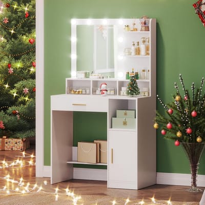 Kaptafel met Spiegel en 10 LED-lampen – Inclusief 3 Planken, 4 Open Vakken, Grote Lade en Kast – 3 Instelbare Helderheidsniveaus – Wit – Model VT08103X