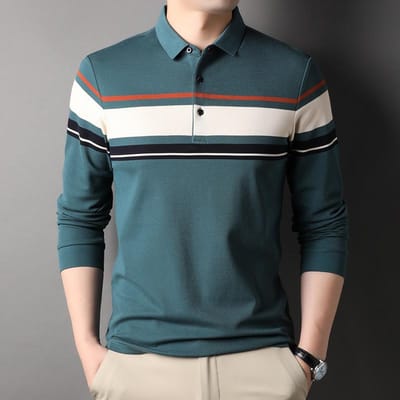 Herfst Nieuwe Kleding voor Mannen van Middelbare Leeftijd Revers Kleurmatching Mode Poloshirt Heren Gestreept Lange Mouw Katoenen T-shirt XXXL gray