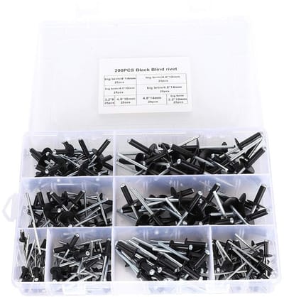 Dailygoods- Blindklinknagels 200 Stuks - Zwarte Aluminium - Klinknagelset - Kunststof Opbergdoos - Geschikt voor Klinknagelpistolen - Robuust en Duurzaam