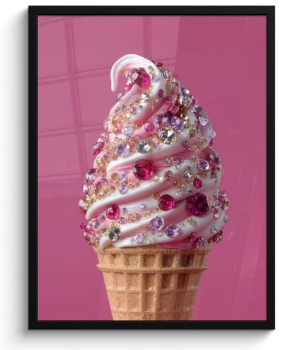 Poster in lijst - Fotolijst 60x80 cm - Posters - Softijs - Edelstenen - Roze - Hoorntje - Posterlijst zwart - Decoratie - Wanddecoratie woonkamer - Muurdecoratie slaapkamer